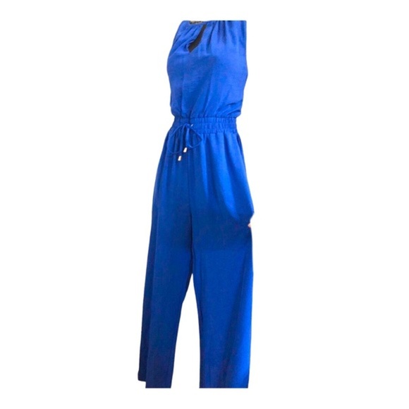 TAHARI blue smocked waist sleeveless  keyhole neck belted‎ jumpsuit size 6 new - Picture 10 of 16